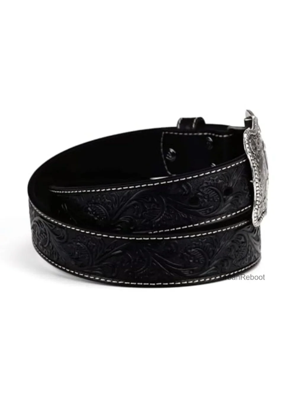 Floral Embossed Leather Belt with Antiqued Silver Buckle Western